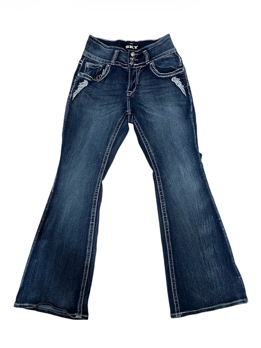 Sky Dark Indigo Flare Jeans with Contrast Stitching